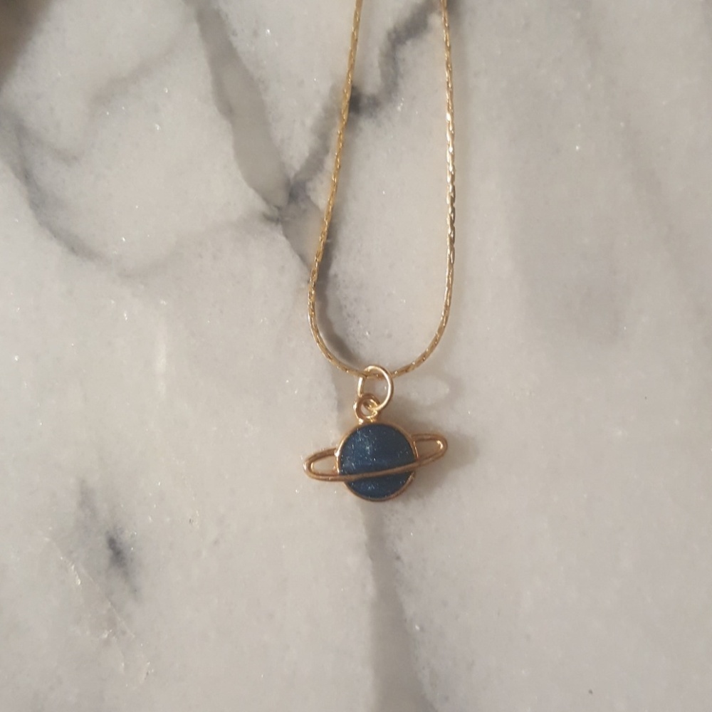 Saturn Space Planet Pendant Gold Necklace - Picture 2 of 4